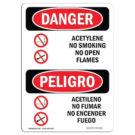 OSHA Danger, Acetylene No Smoking No Open Flame Bilingual, 7in X 5in Decal